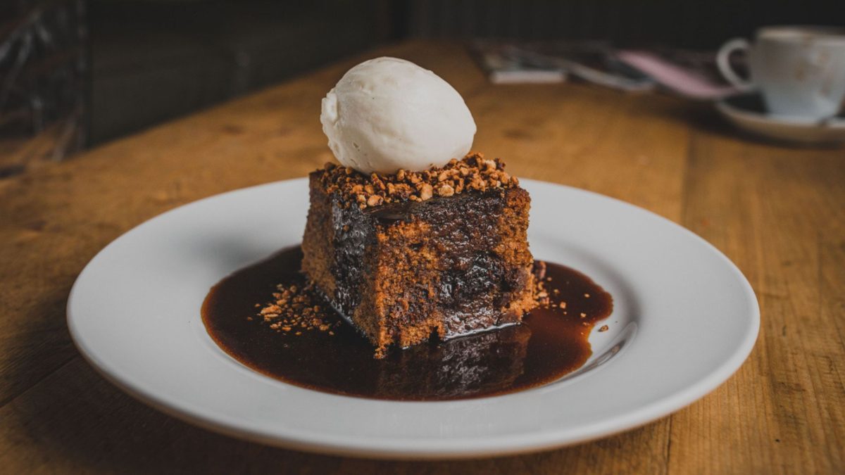Sticky toffee pudding with vanilla ice cream
