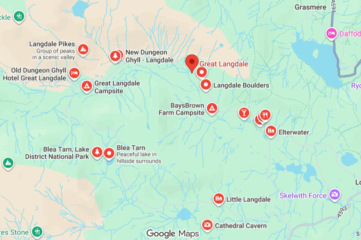 Map showing where Great Langdale is in the Lake District